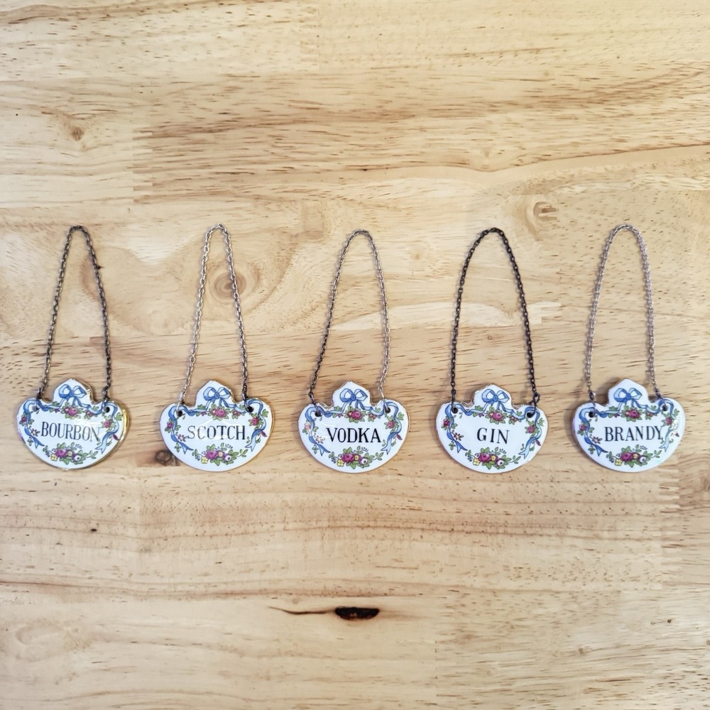 Set Of 5 Vintage Crown Staffordshire England Bone China Bottle Decanter Tags Bow